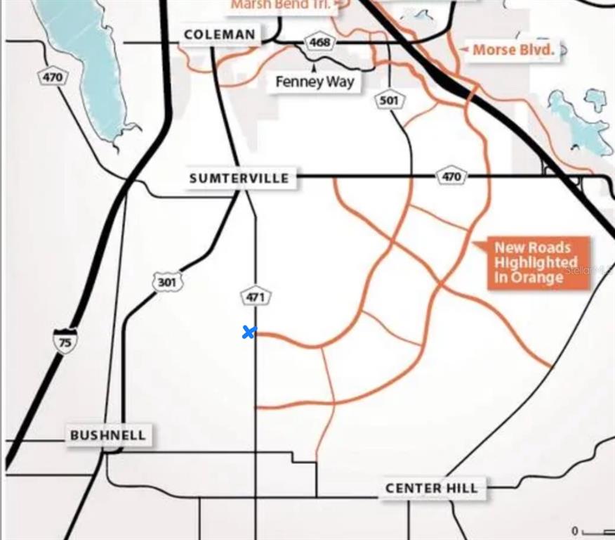 This map shows regional road networks with new construction highlighted in orange — 3422 SR 471, SUMTERVILLE, FL