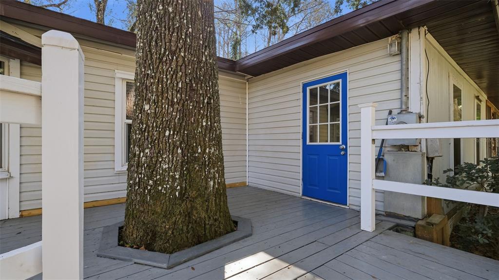 A single-story house with light siding, a blue front door, and a wooden deck — 10565 BESSEMER STREET, NEW PORT RICHEY, FL