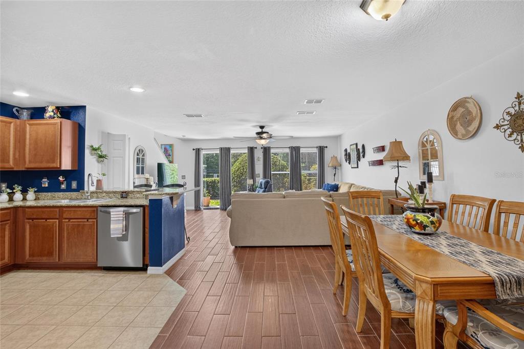 An open-concept kitchen, dining area, and living room featuring wood-look tile flooring and wooden cabinets — 2919 ROYAL TUSCAN LANE, VALRICO, FL
