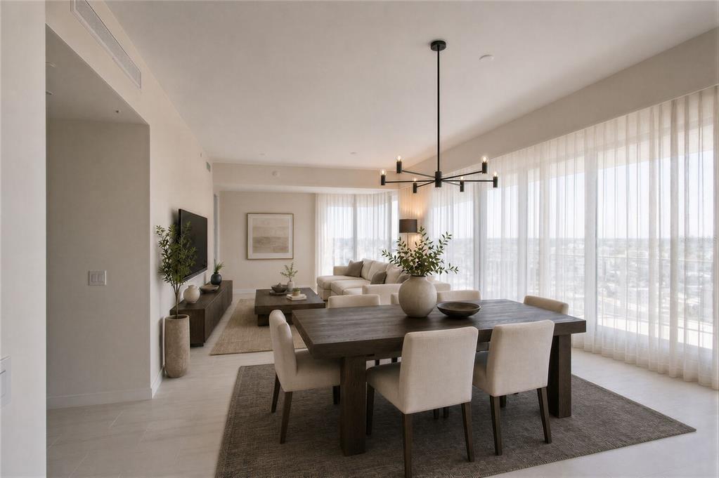 A hallway with a wine cellar, geometric rug, and dining room visible in the background — 400 CENTRAL AVENUE UNIT 2001, ST PETERSBURG, FL