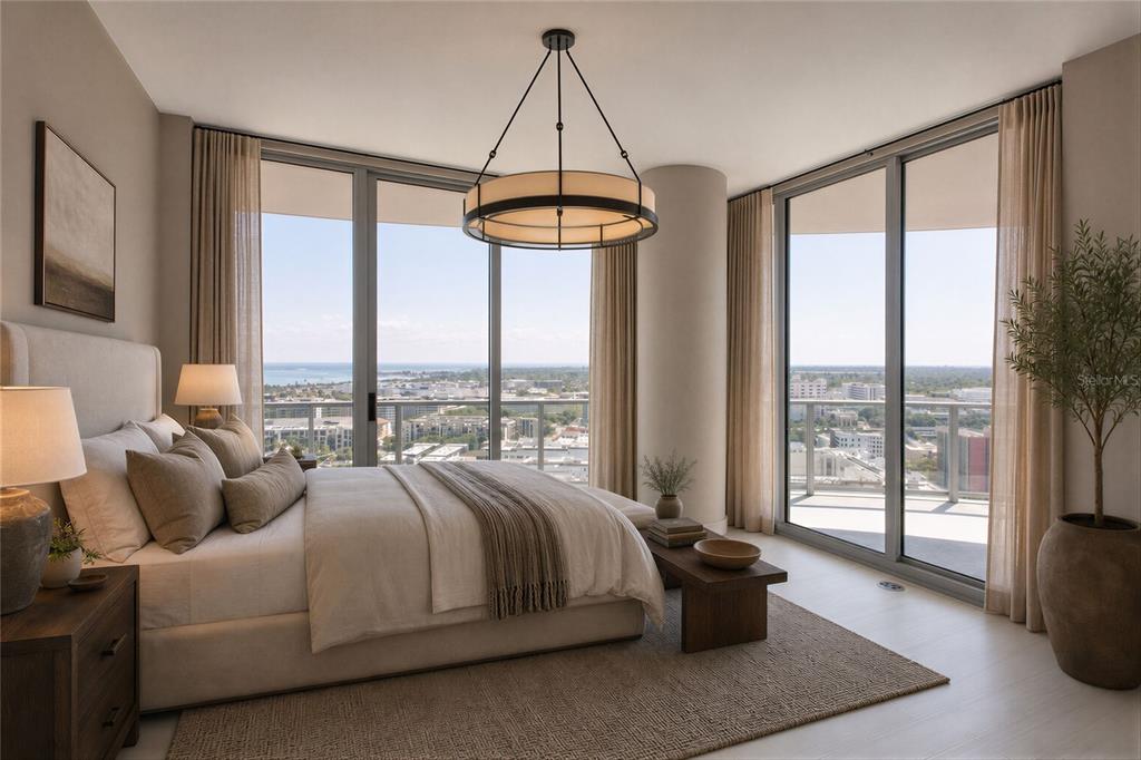 A dining room and living area with a chandelier, wooden table, and floor-to-ceiling windows — 400 CENTRAL AVENUE UNIT 2001, ST PETERSBURG, FL