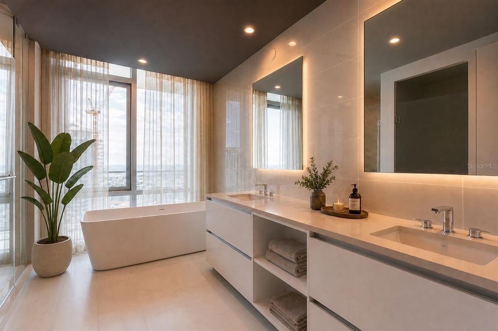 This is a rendering of a modern bedroom with floor-to-ceiling windows and a sunset view — 400 CENTRAL AVENUE UNIT 2001, ST PETERSBURG, FL