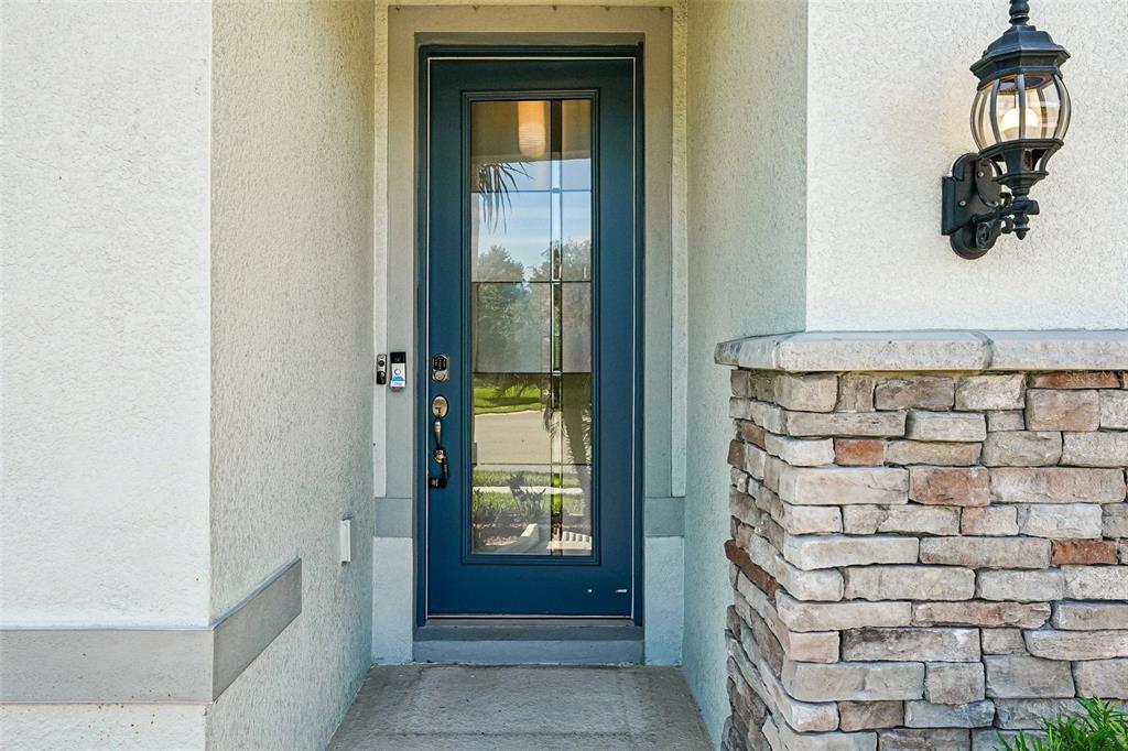 A blue front door with a glass insert is set between a stucco wall and stone — 4613 DOVER BLUFF COURT, VALRICO, FL