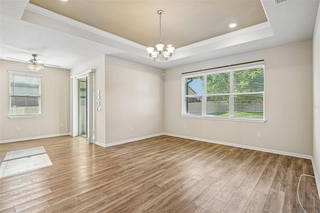 A dining room with wood-look flooring, a tray ceiling, a chandelier, and large windows — 4613 DOVER BLUFF COURT, VALRICO, FL
