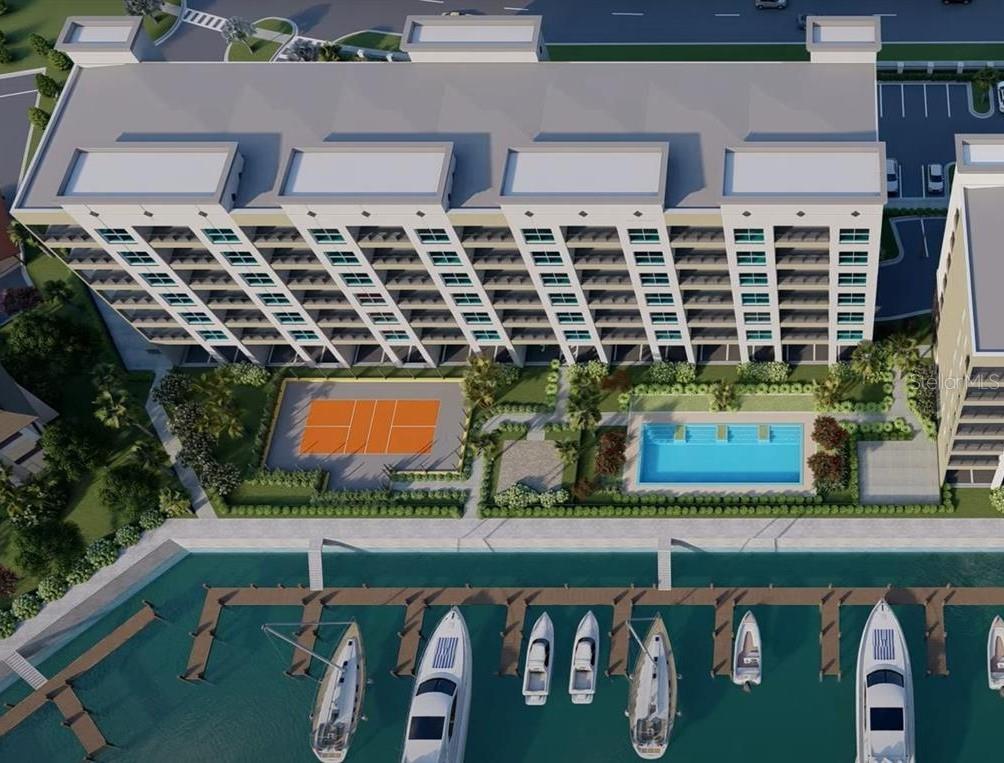 This aerial rendering shows a multi-story apartment building with a pool, tennis court, and marina — 5015 US HIGHWAY 19 UNIT 503, NEW PORT RICHEY, FL