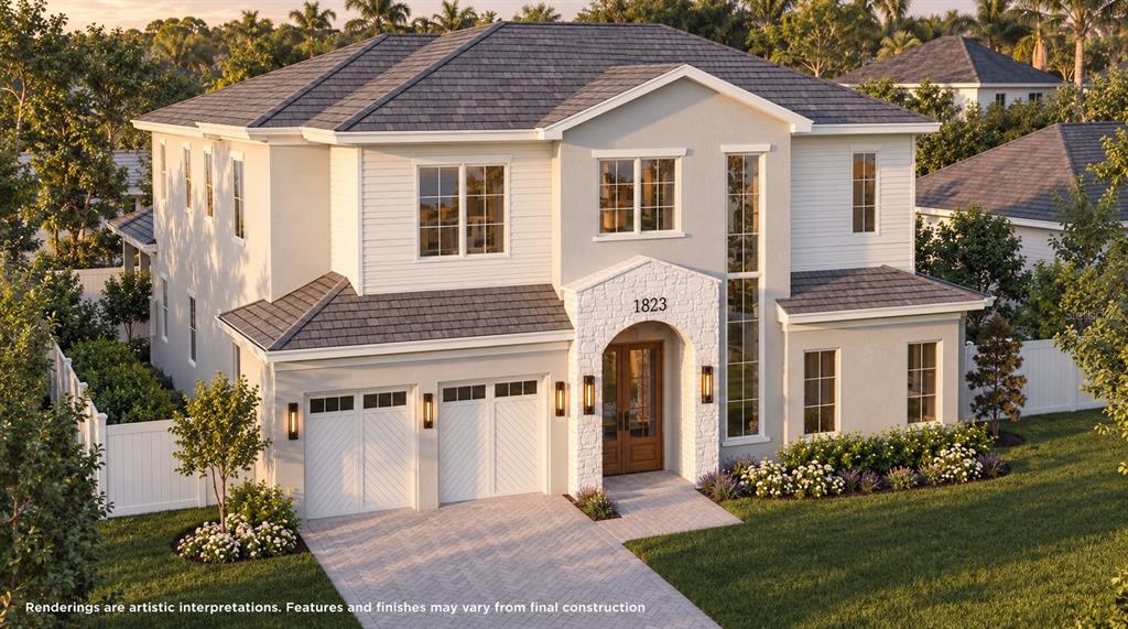 This rendering shows a modern living room with a fireplace, built-in shelving, and sliding glass doors — 1823 SUNSET DRIVE, WINTER PARK, FL