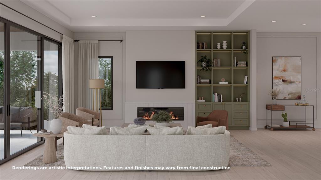 This rendering shows a dining room with a long table, eight chairs, and a chandelier — 1823 SUNSET DRIVE, WINTER PARK, FL