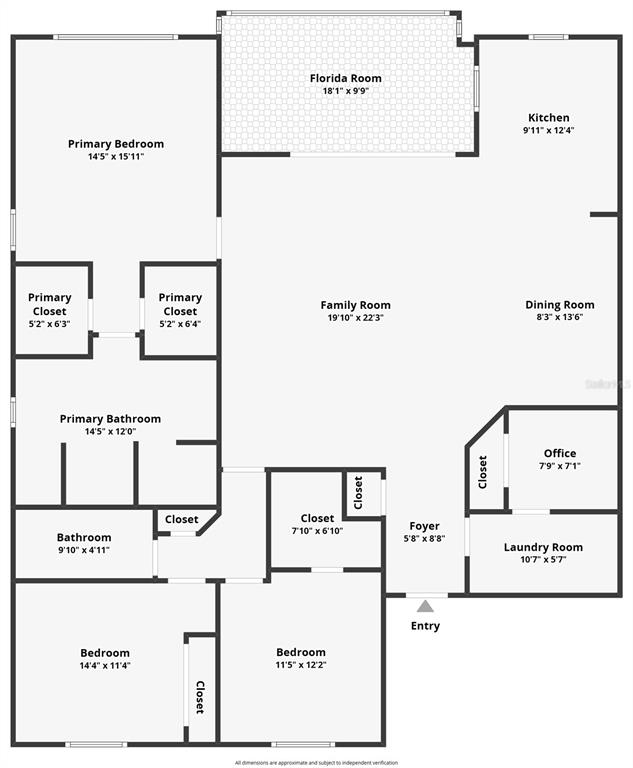 This is a floor plan showing the layout of a house with three bedrooms and bathrooms — 130 BREAKERS COURT UNIT 221, PUNTA GORDA, FL
