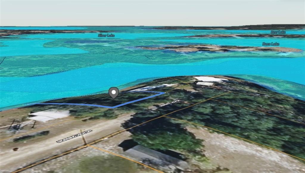 This aerial map shows a vacant lot outlined in blue near a lake — MORNING VIEW DRIVE, PAISLEY, FL