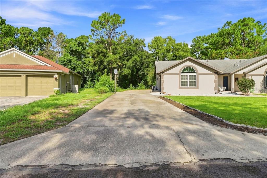 A concrete driveway sits between two single-story houses with green lawns and surrounding trees — 11 LIDFLOWER COURT, HOMOSASSA, FL