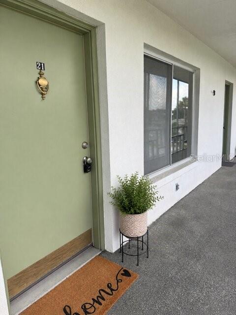 A light green door with a brass knocker and a potted plant on a stand — 1700 6TH STREET NW UNIT C21, WINTER HAVEN, FL