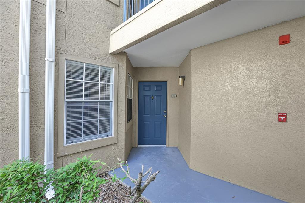 An exterior view of a blue front door with a window and fire alarm components — 7300 WESTPOINTE BOULEVARD UNIT 717, ORLANDO, FL