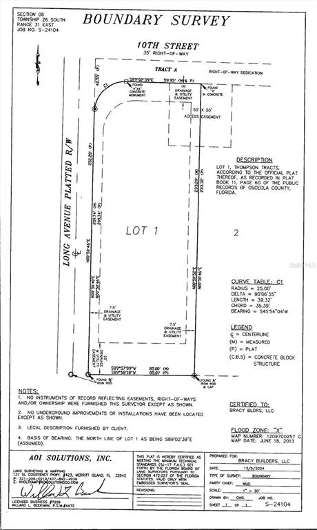 This image is a boundary survey map for Lot 1 of the Thompson Tracts — 1015 E 10TH STREET, ST CLOUD, FL