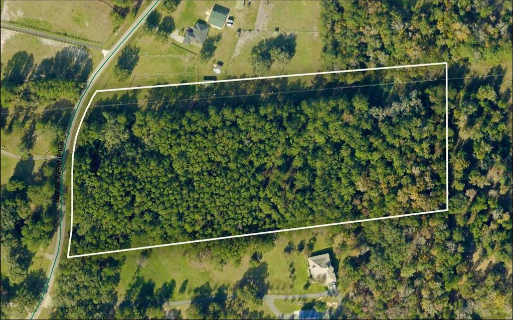 An aerial view shows a rectangular, wooded plot of land bordered by a road — TBD NW 88TH AVENUE RD, REDDICK, FL