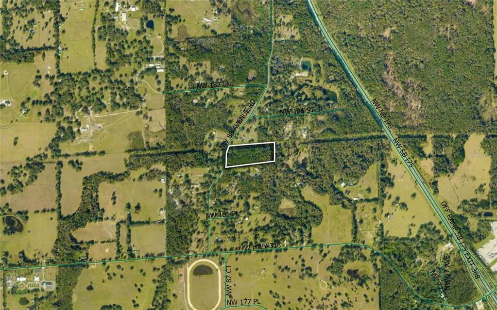 This is an aerial map showing a rectangular parcel of land outlined in white — TBD NW 88TH AVENUE RD, REDDICK, FL