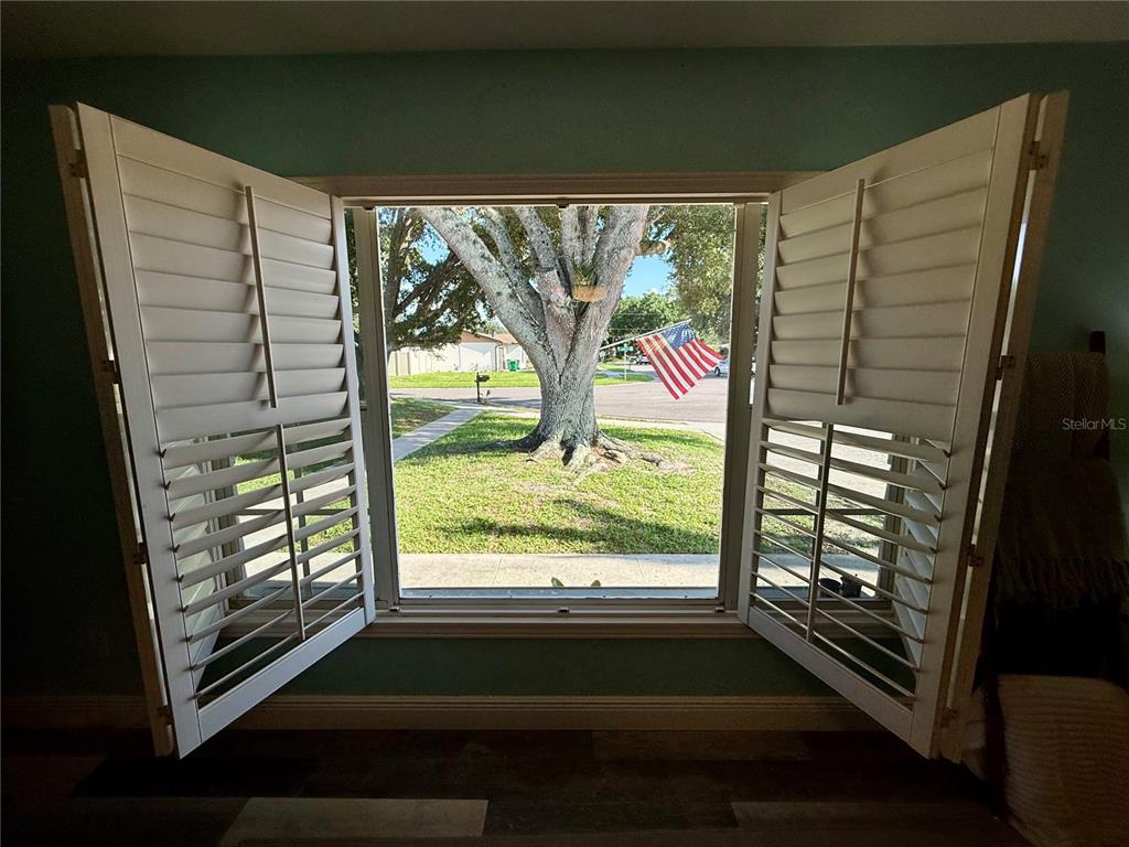 A window with open white plantation shutters looks out onto a front yard and tree — 2522 SUWANNEE DRIVE, COCOA, FL