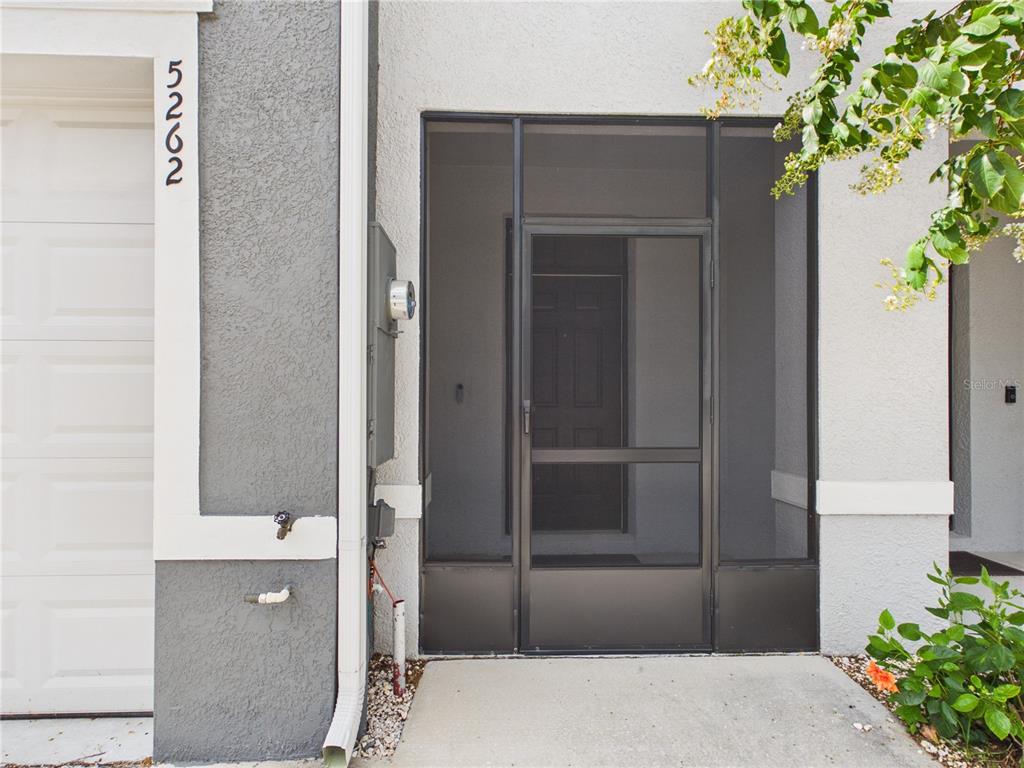 The exterior view shows a concrete walkway leading to a screened front door entrance — 5262 DRAGONFLY DRIVE, WILDWOOD, FL