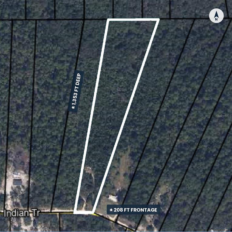 This is an aerial map showing a rectangular plot of land with specified dimensions — 5914 INDIAN TRAIL, KEYSTONE HEIGHTS, FL
