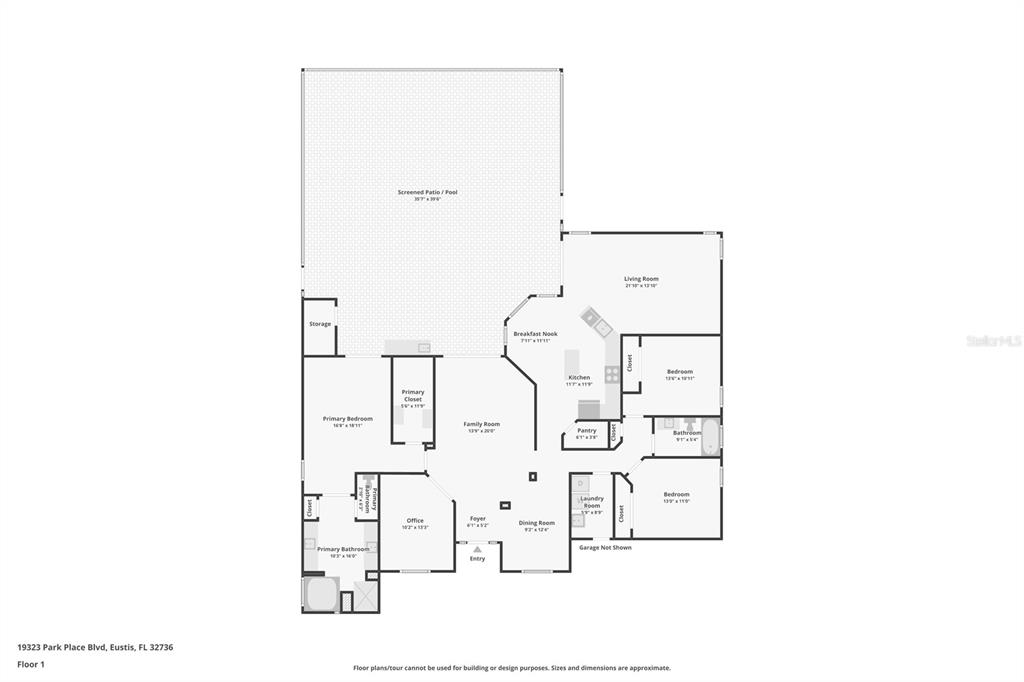 This is a floor plan of a single-story house with a screened patio and pool — 19323 PARK PLACE BOULEVARD, EUSTIS, FL