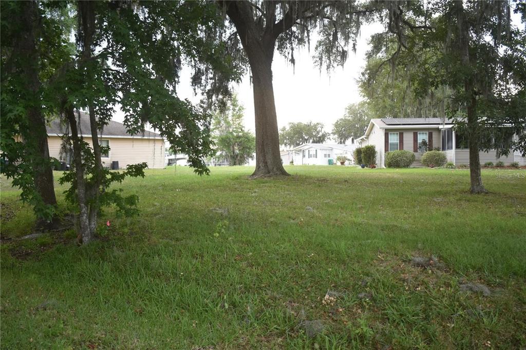 A grassy, tree-filled lot sits between two residential houses under a cloudy sky — LOT 7 BLK D LEXINGTON CIRCLE, WILDWOOD, FL