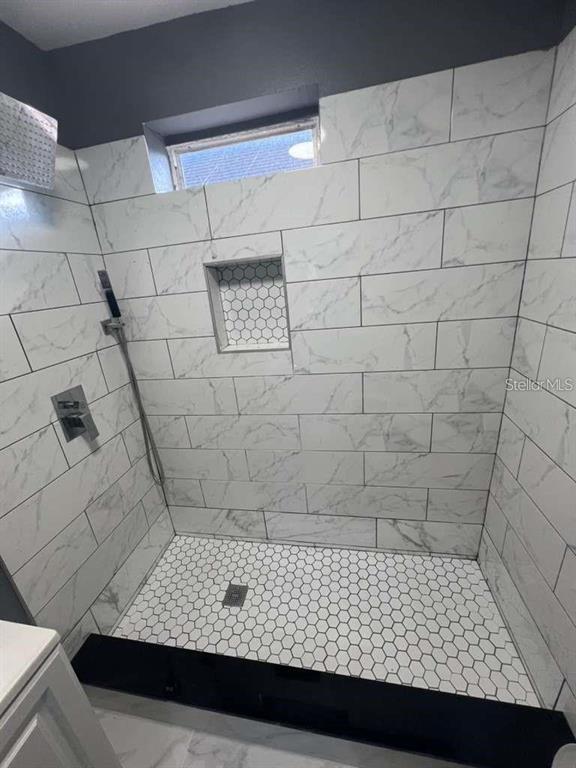 A walk-in shower features white marble-look subway tiles, a hexagonal tile floor, and a black threshold — 2912 CHIPCO STREET, TAMPA, FL