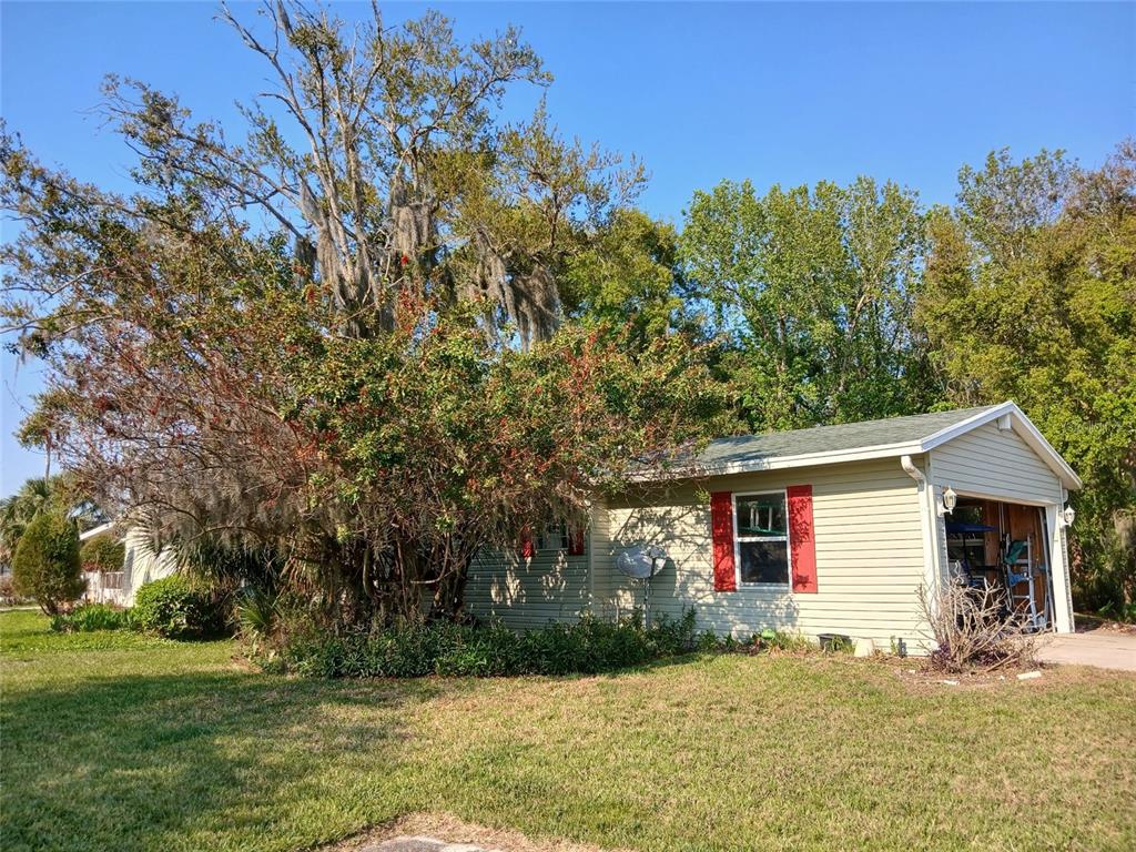 A light-colored single-story house with a garage and red shutters sits behind a large tree — 387 MARSH LANDING LOOP, OAK HILL, FL
