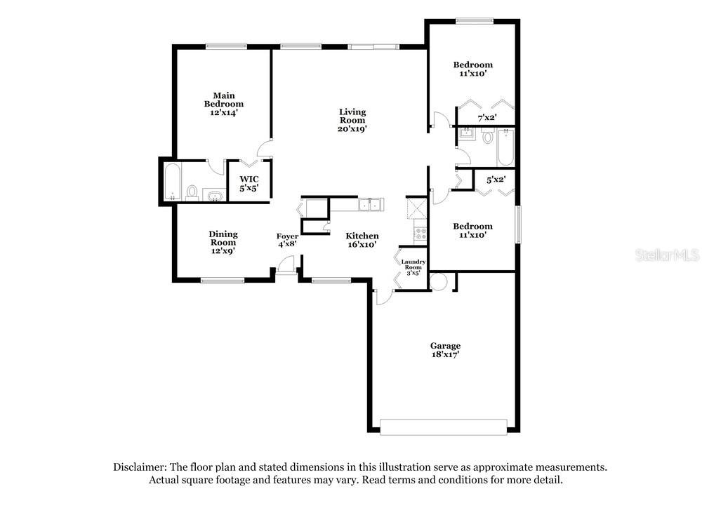 This is a floor plan showing a three-bedroom, two-bathroom home with an attached garage — 905 LOUVRE COURT, KISSIMMEE, FL