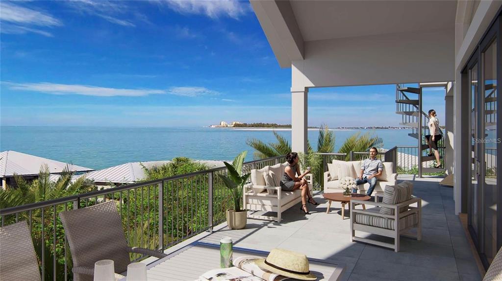 This rendering shows a covered balcony with outdoor seating overlooking the ocean — 6901 BOCHI CIRCLE, SARASOTA, FL