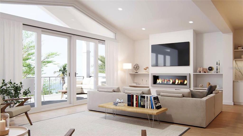 This rendering shows a modern living room with a fireplace, television, and large glass doors — 6901 BOCHI CIRCLE, SARASOTA, FL