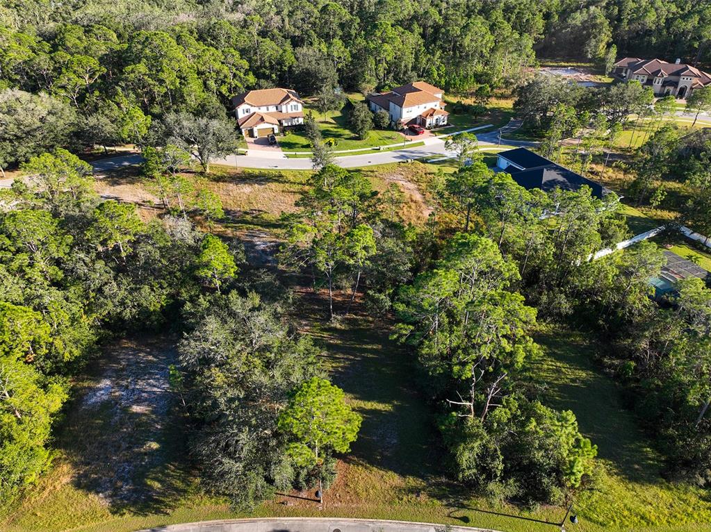 An aerial view shows a vacant, wooded residential lot situated between existing houses and a road — 7180 OAK GLEN TRL, ST CLOUD, FL