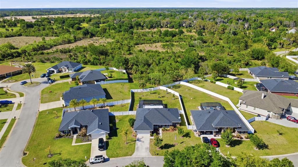 An aerial view shows several suburban houses with fenced backyards and surrounding wooded areas — 26 NOAH BOULEVARD, FLAGLER BEACH, FL