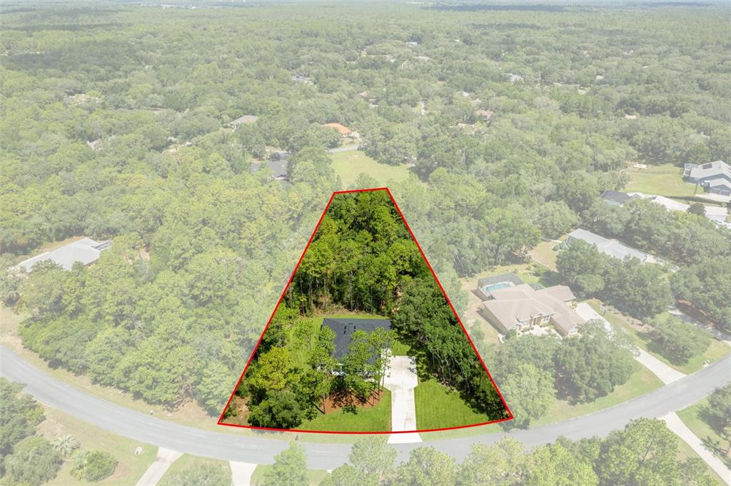 An aerial view shows a house on a trapezoidal lot surrounded by dense trees — 3946 N LONGVALLEY ROAD, HERNANDO, FL