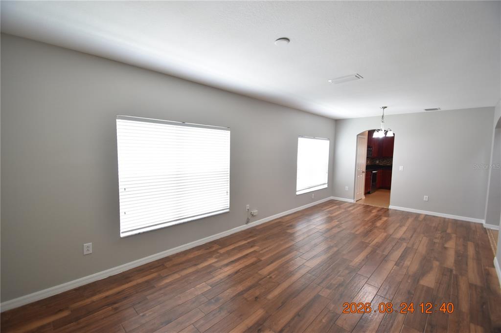 An empty room features light gray walls, wood-look flooring, and two windows with white blinds — 11405 FLORA SPRINGS DRIVE, RIVERVIEW, FL