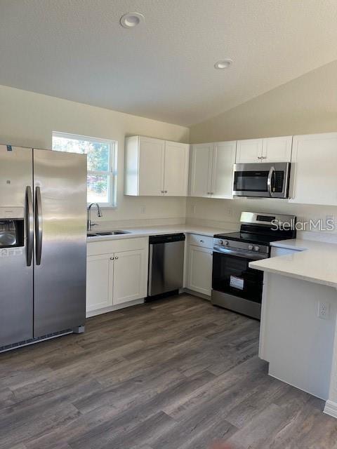 A kitchen features white cabinets, stainless steel appliances, and wood-look flooring — 3783 SE 140TH LANE, SUMMERFIELD, FL