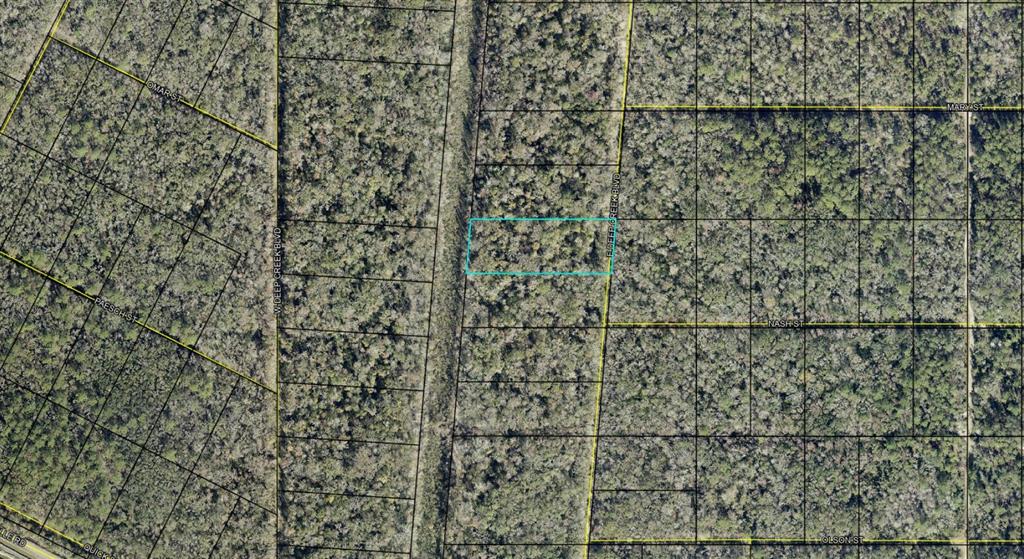 This is an aerial map showing a rectangular parcel of land highlighted in blue — E DEEP CREEK BOULEVARD, HASTINGS, FL