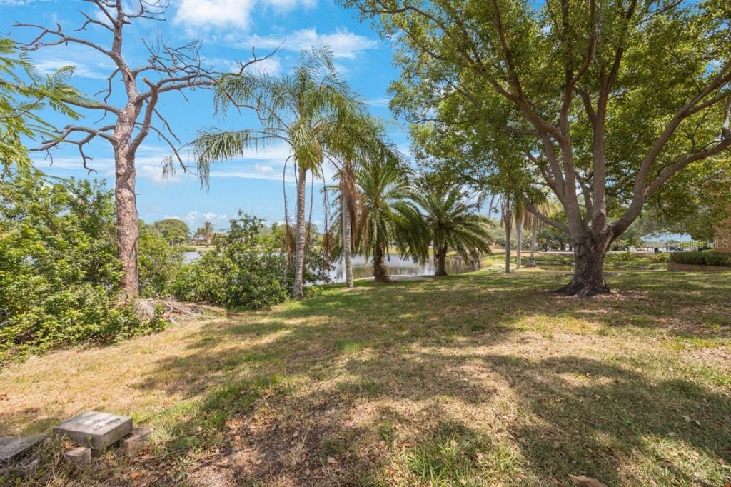 A grassy yard with various trees leads to a view of a lake — Lot #24 SAIL HARBOR CIRCLE LANE, TARPON SPRINGS, FL