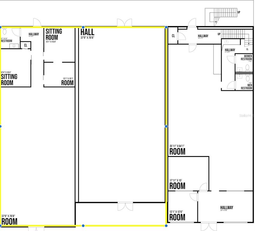 This is a floor plan showing a large central hall flanked by multiple rooms and restrooms — 1001 MANATEE AVENUE E, BRADENTON, FL