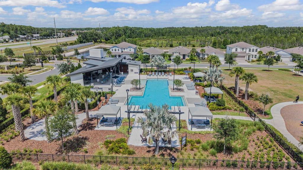 An aerial view of a community swimming pool area with cabanas, lounge chairs, and landscaping — 19153 ELSIMONT ISLE, LUTZ, FL