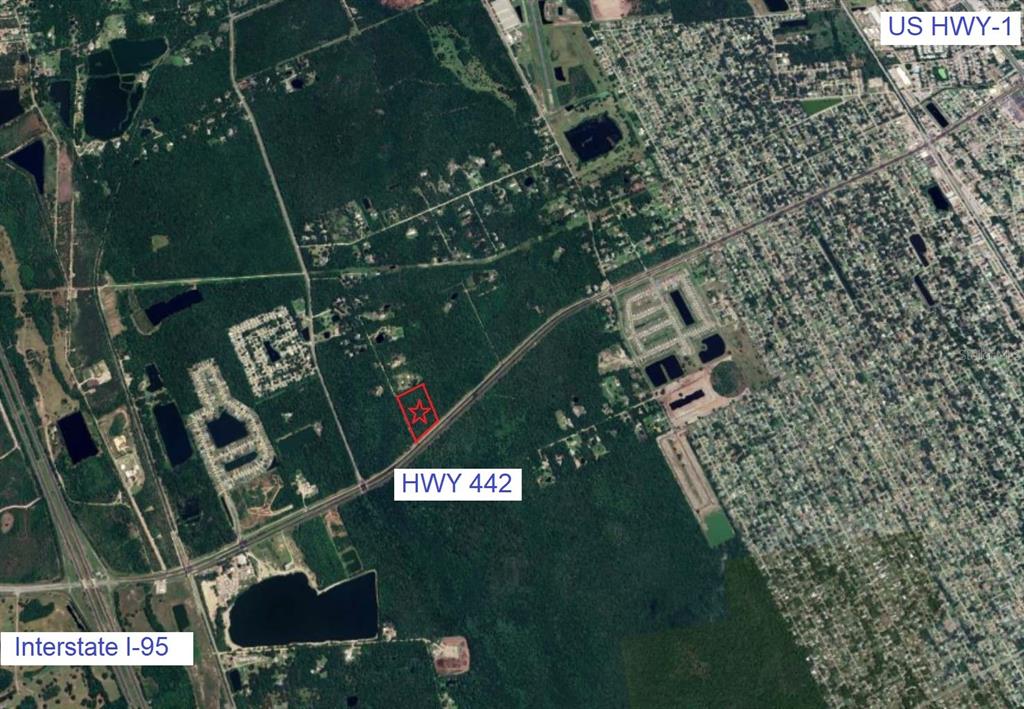 An aerial map shows a red-outlined property located along Highway 442 near Interstate 95 — W INDIAN RIVER BOULEVARD, EDGEWATER, FL