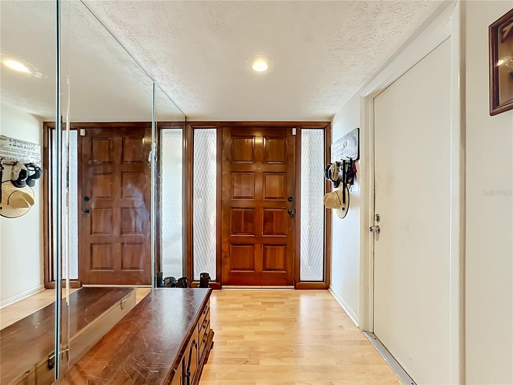 An entryway features a wooden front door with sidelights, light wood flooring, and mirrored walls — 118 EUCLID LOOP, SEFFNER, FL