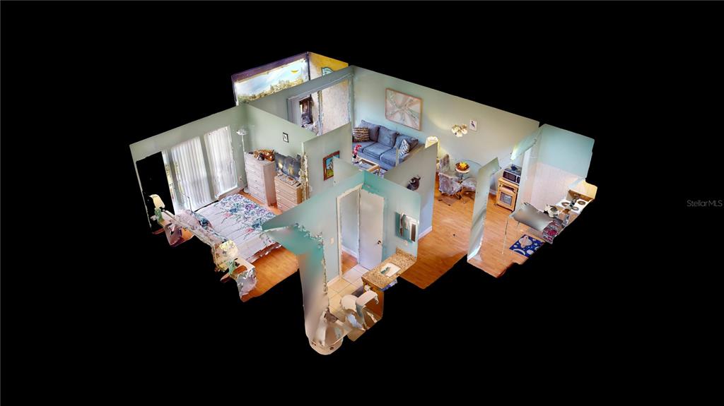 This is a 3D floor plan rendering of a one-bedroom apartment with wood-look flooring — 3415 CLARK ROAD UNIT 215, SARASOTA, FL