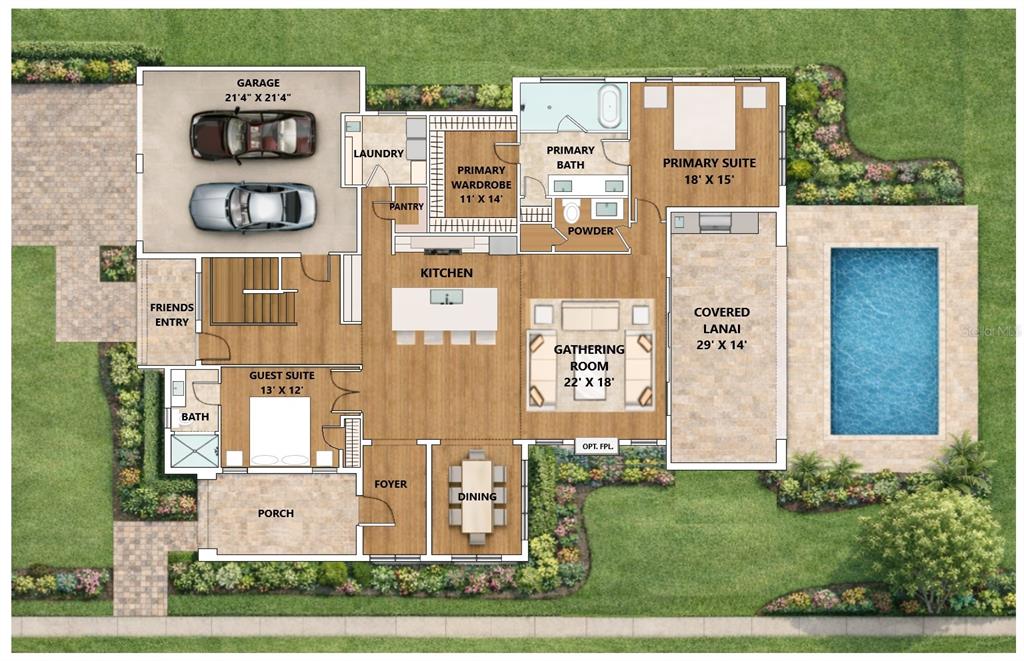 This floor plan shows a single-story house layout with a garage, pool, and covered lanai — 938 ENCLAVE PLACE, WINTER PARK, FL