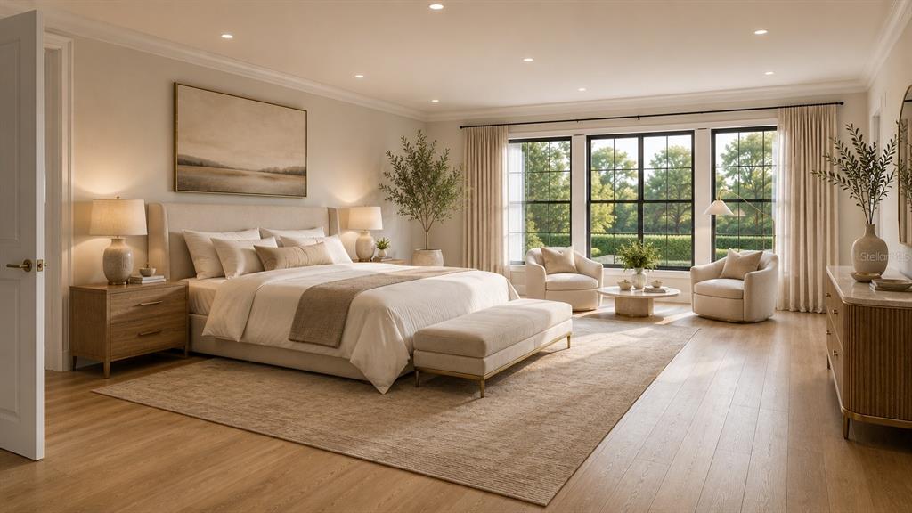 This is a rendering of a modern bedroom with a king bed, seating area, and windows — 938 ENCLAVE PLACE, WINTER PARK, FL