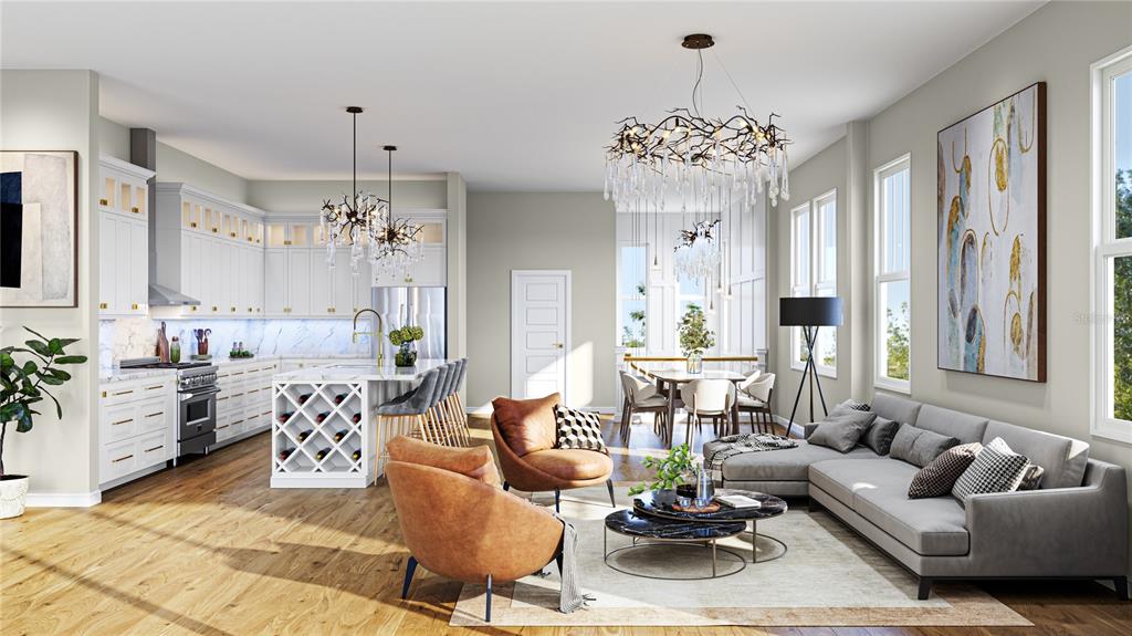 This is a rendering of an open-concept kitchen, dining area, and living room with modern finishes — 303 MORNINGSIDE DRIVE, PALM HARBOR, FL