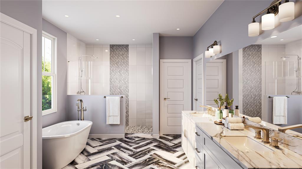 This rendering shows a modern bathroom with a freestanding tub, walk-in shower, and double vanity — 303 MORNINGSIDE DRIVE, PALM HARBOR, FL