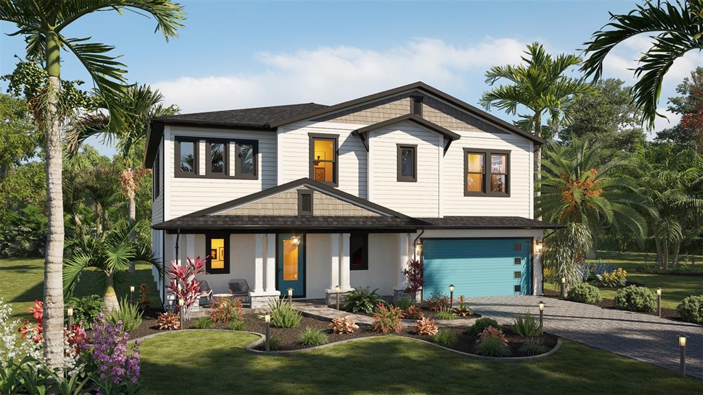 This is a digital rendering of a two-story suburban house with a teal garage door — 303 MORNINGSIDE DRIVE, PALM HARBOR, FL