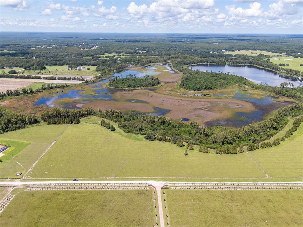 An aerial view shows a large grassy field bordering a marshy wetland and a lake — LAWS ROAD, CLERMONT, FL