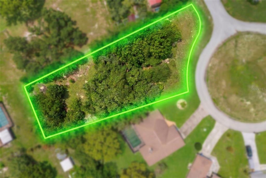 An aerial view shows a vacant, wooded residential lot outlined in green next to a road — NORTHWIND COURT, SPRING HILL, FL