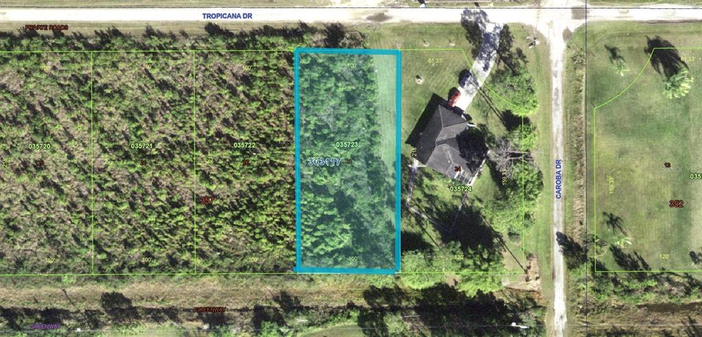 This is a satellite map view showing a rectangular vacant lot highlighted in blue — 103 TROPICANA DRIVE, INDIAN LAKE ESTATES, FL
