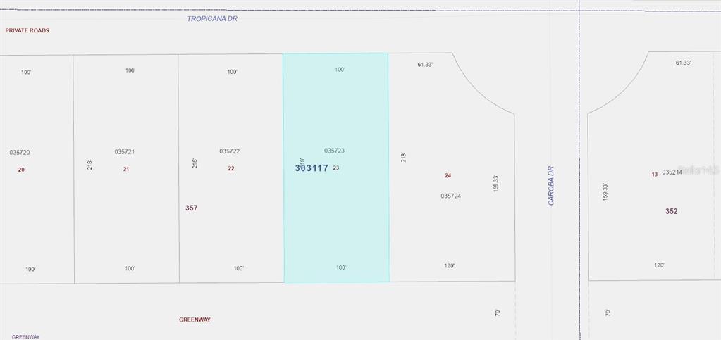 This is a plat map showing a highlighted rectangular land parcel between neighboring lots — 103 TROPICANA DRIVE, INDIAN LAKE ESTATES, FL